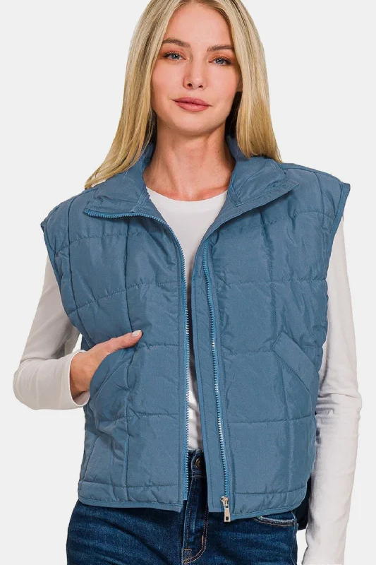 Cropped Puffer Vest - Blue