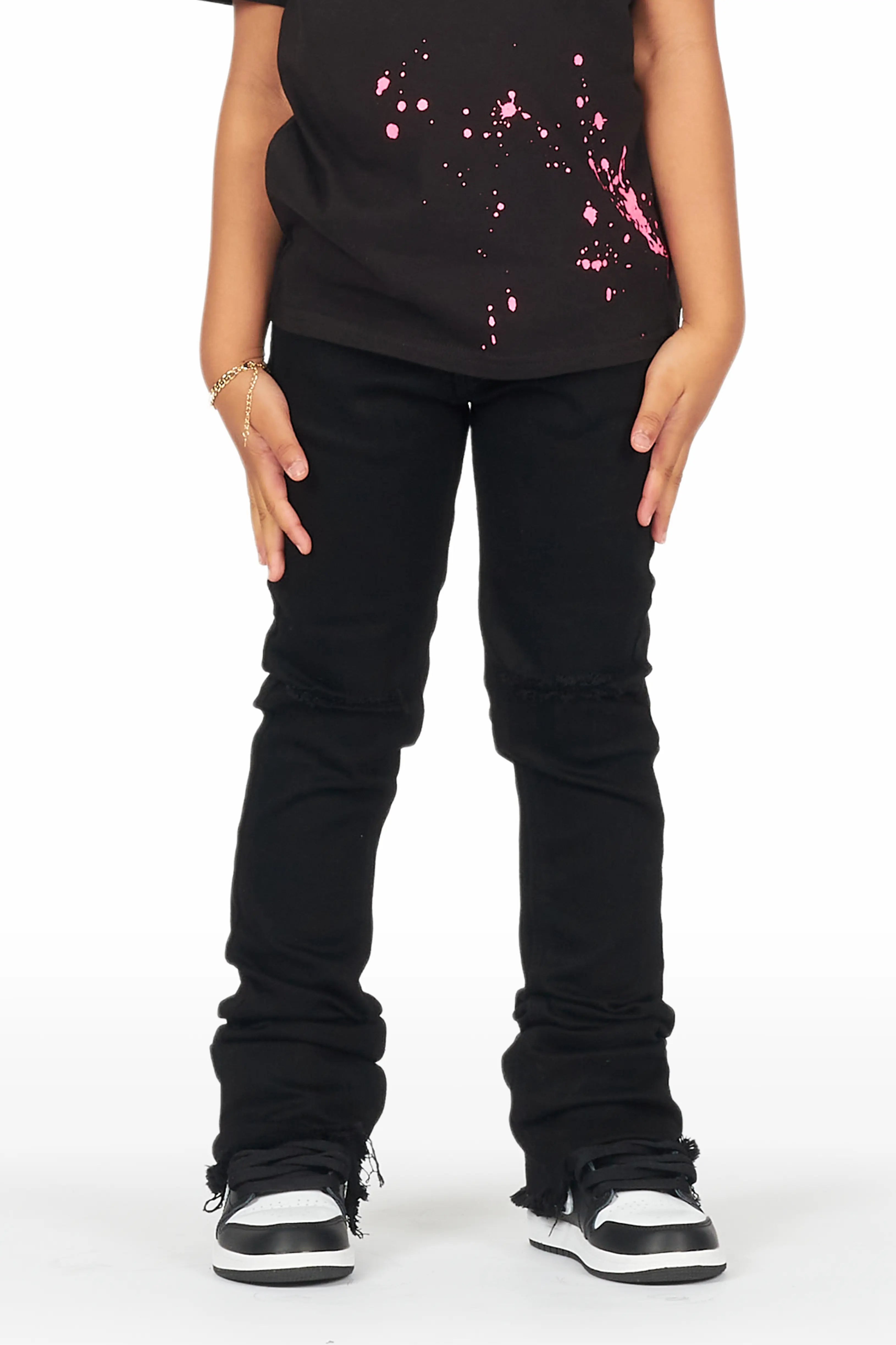 Girls Josie Black Super Stacked Flare Jean