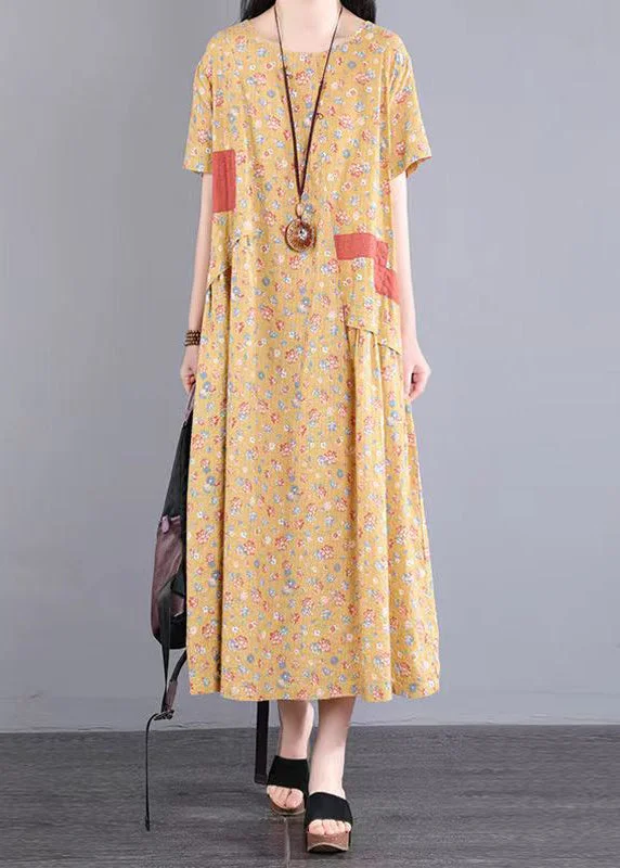 Casual Yellow O Neck Print Patchwork Cotton Long Dresses Summer