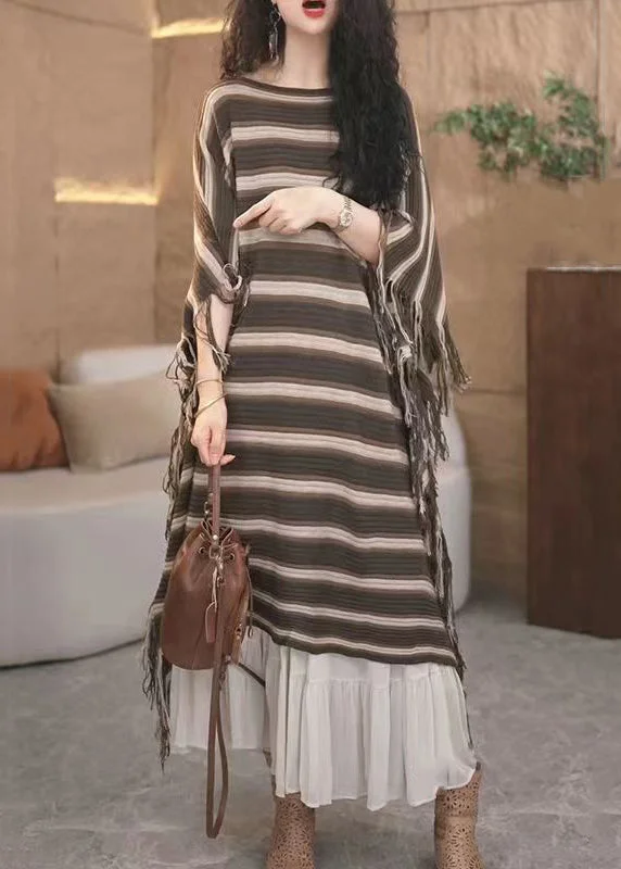 Loose Striped Tasseled Patchwork Knit Long Dresses Fall