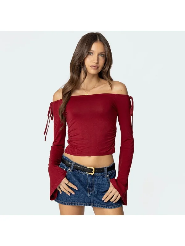 Ruched Off Shoulder Lace Up Cropped Tops