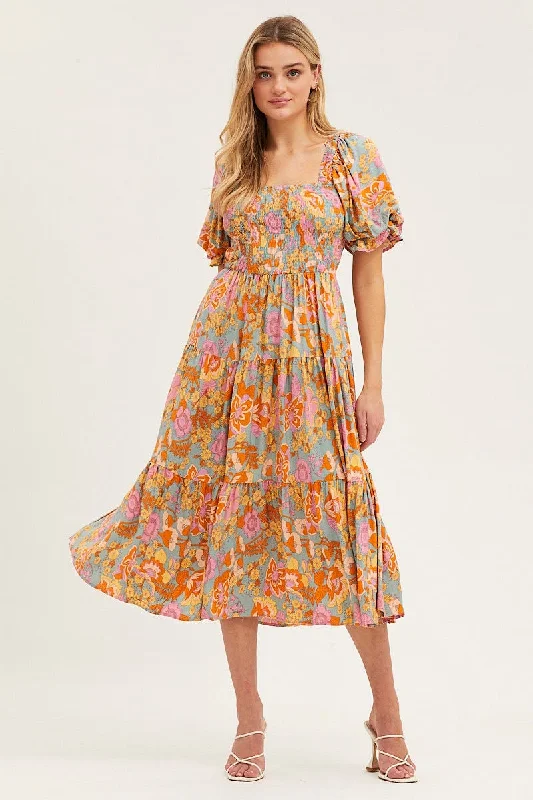 Print Dress Puff Sleeve Maxi