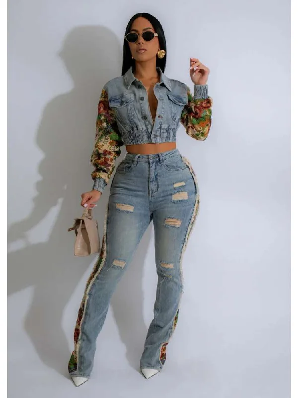 Flower Denim Jacket Ripped Jeans Sets