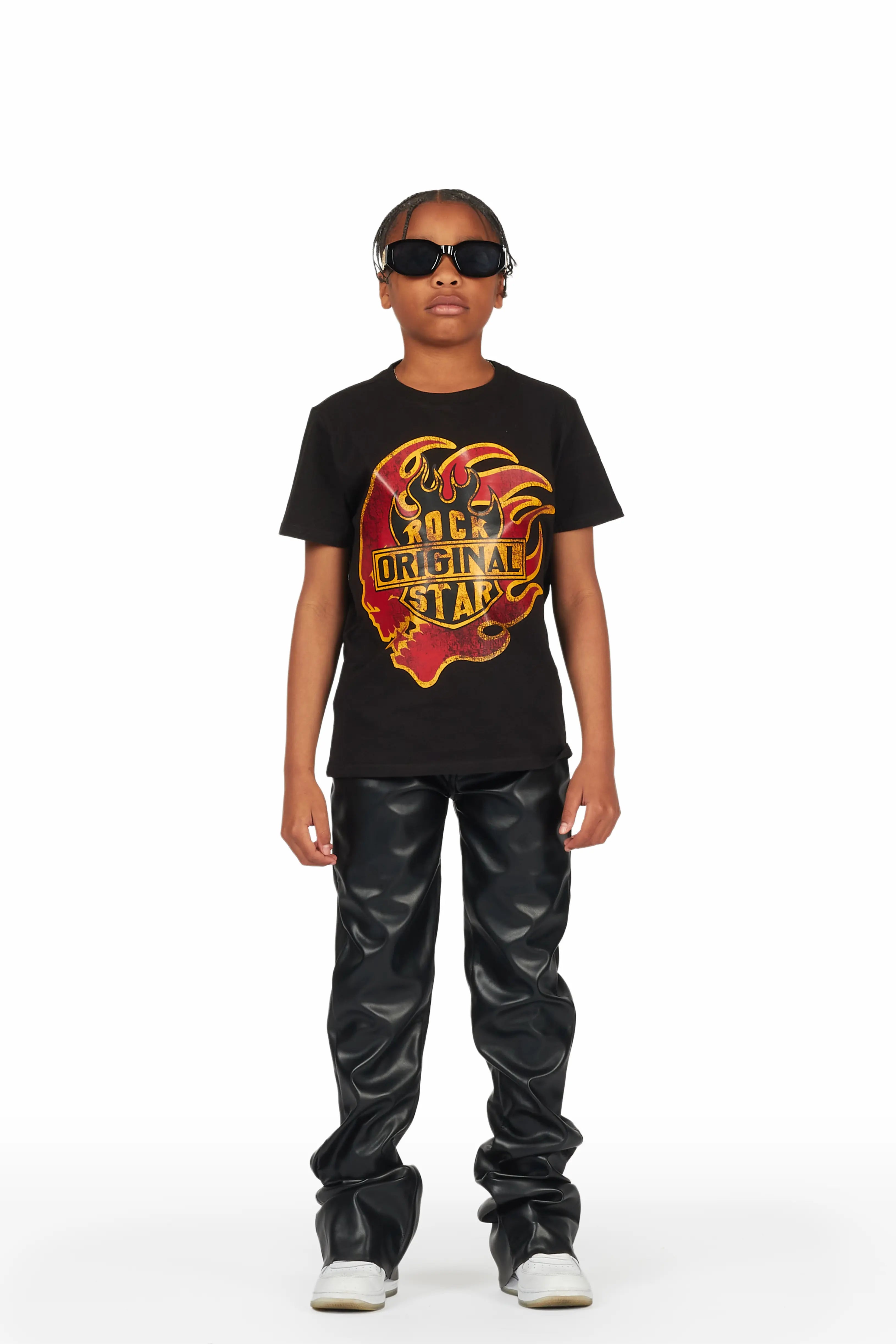 Boys Azai Black T-Shirt Super Stacked Flare PU Jean Set