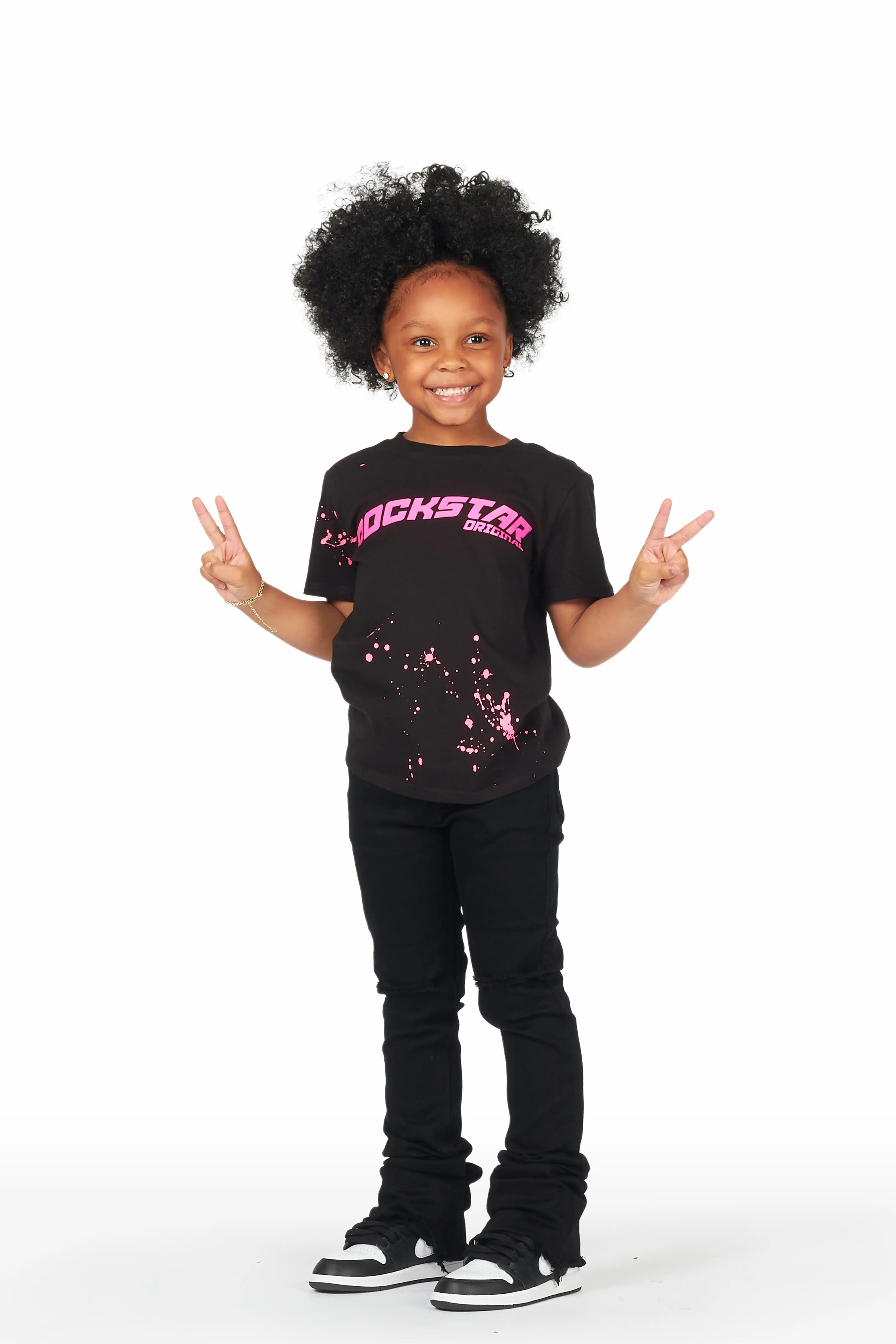 Girls Elmina Black T-Shirt Super Stacked Flare Jean Set