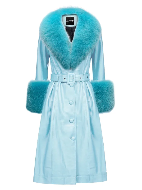 Faux Fur Genuine Leather Coat in Light Blue & Blue