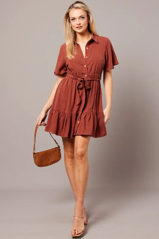 Brown Fit And Flare Dress Wing Sleeve