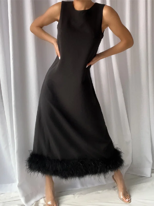 PIUME Maxi Dress w Feathers In Black