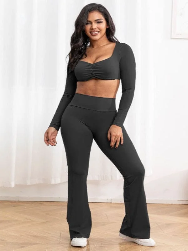 Long Sleeve Crop Top W/Bra & Flare Legging Set