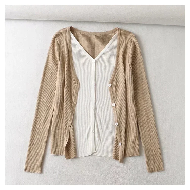 V-neck breasted color contrast fake two slim knit Cardigans  7471