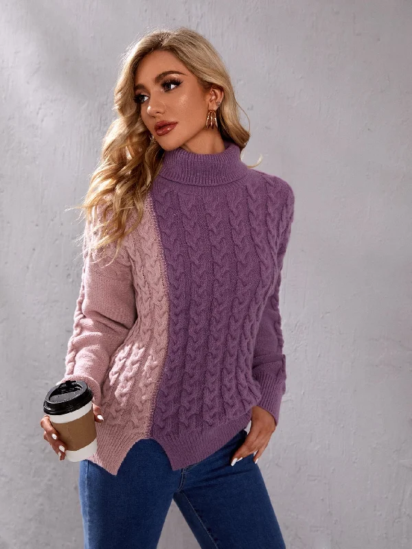 Casual Colorblock Split Long Sleeve High Neck Slit Long Women Sweater