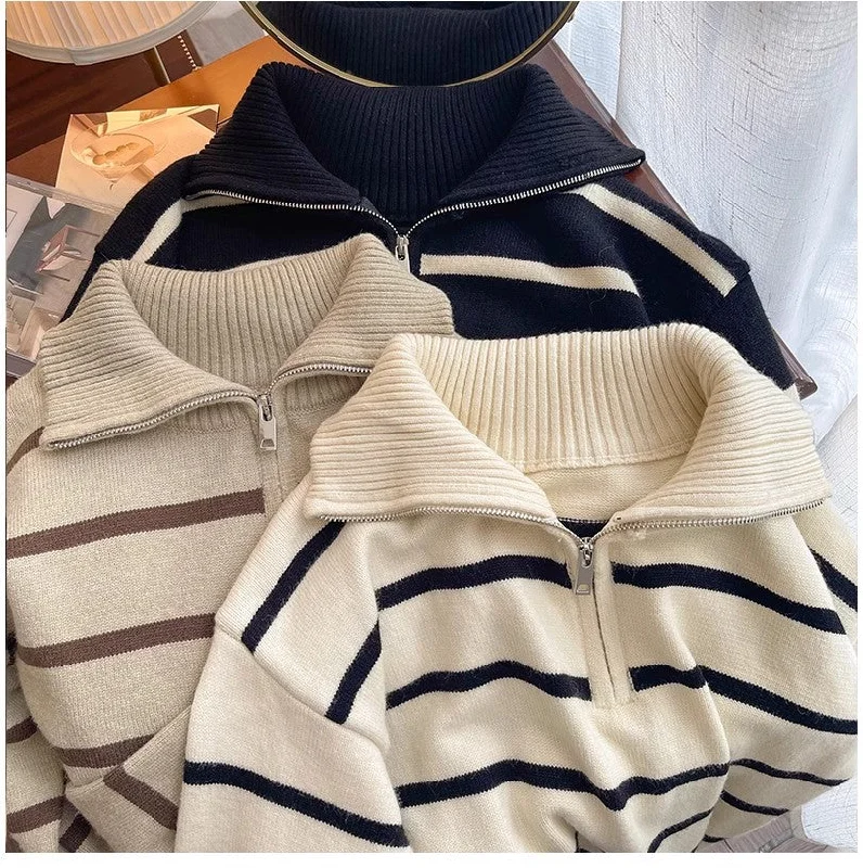 New striped sweater for women chic half zipper knitted top     S4885