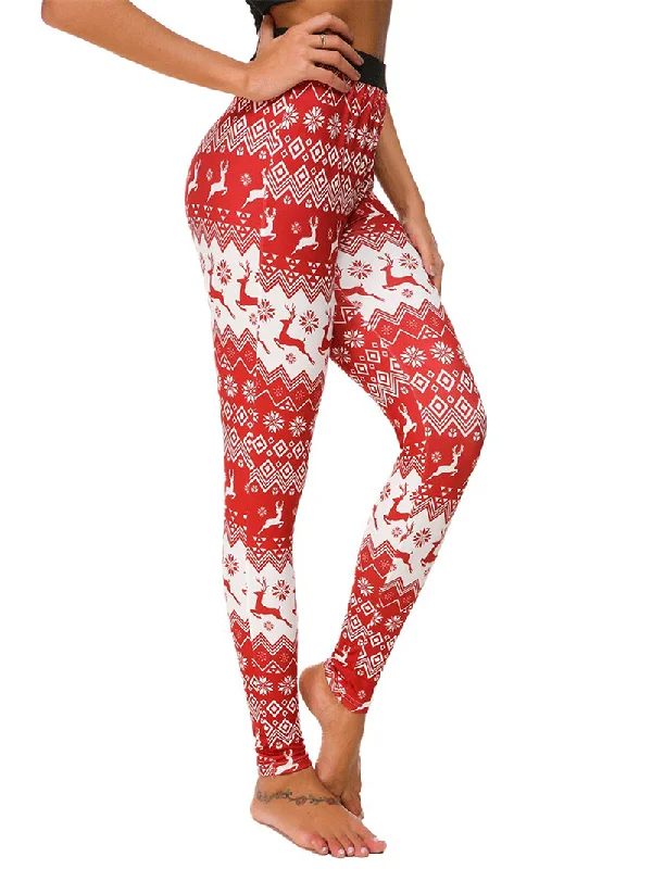 Women Slim Elastic Waist Elk Christmas Printed Leggings