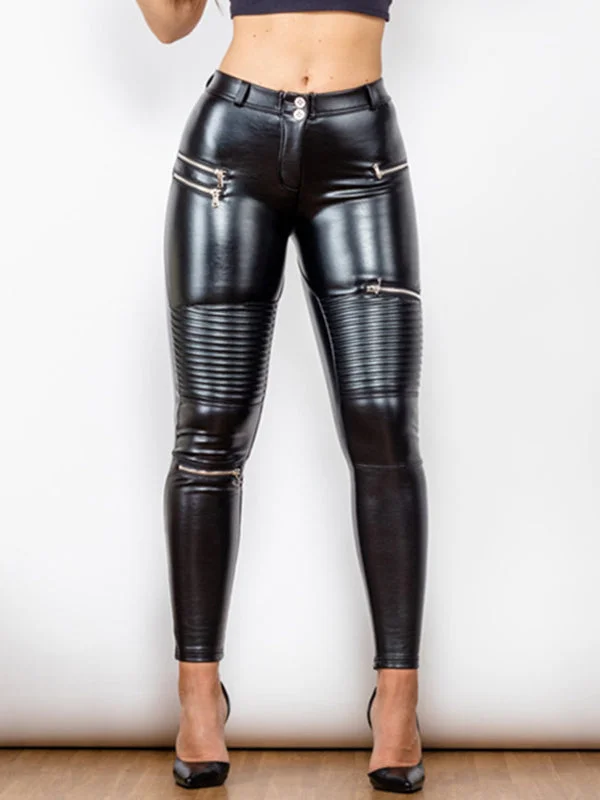 ZASUWA Female Glossy Zipper Pocket Folds Hip-lift Leggings