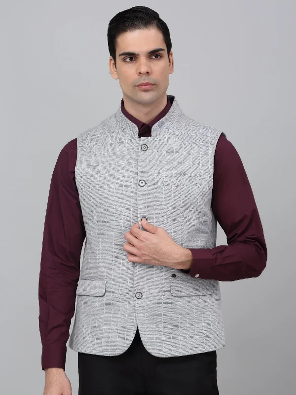 Men Grey Checkered Mandarin Collar Casual Waistcoat