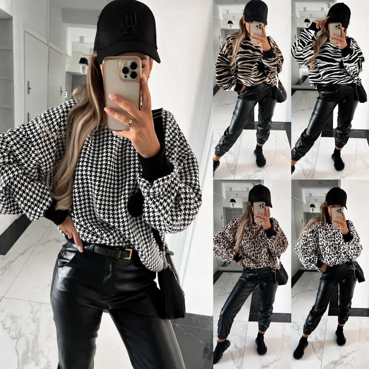 Women Hoodies 2023 Autumn Winter Retro Sweatshirts Female Casual Long Sleeve Top Leopard Plaid Zebra Sweatshirt Hoodies