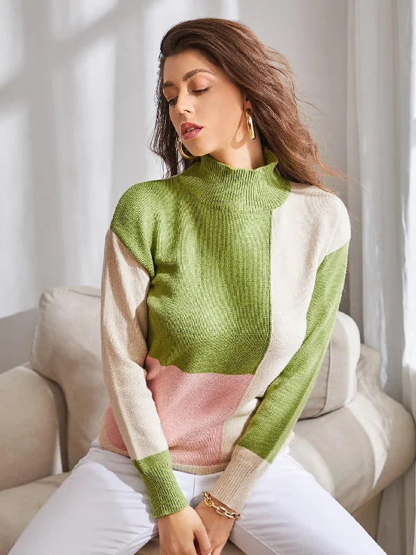 Casual Colorblock Rib-Knit Long Sleeve High Neck Regular Women Sweater