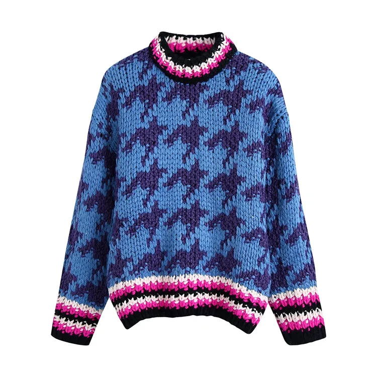 Thousand bird check contrast stripe jacquard sweater  7476