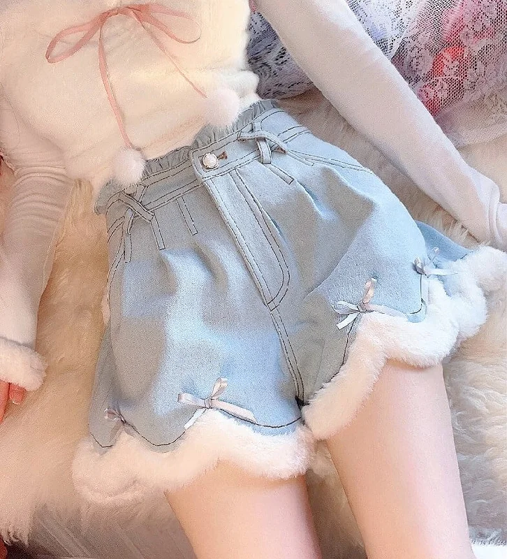 Love winter warm Plush high waist denim shorts by9089