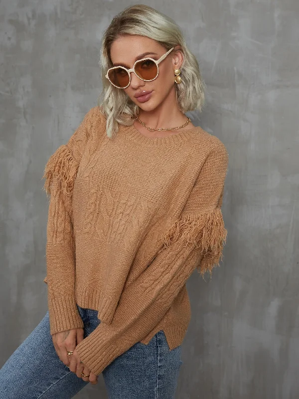 Elegant Plain Fringe Long Sleeve Round Neck Slit Regular Women Sweater