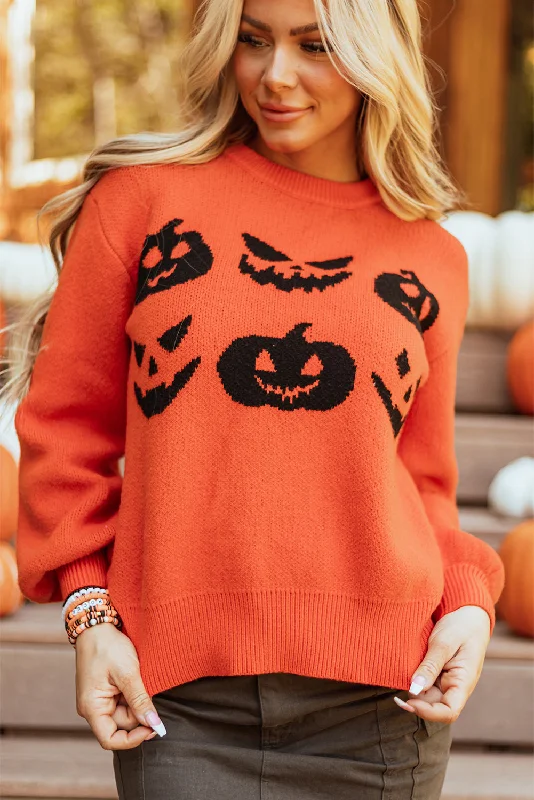 KaleaBoutique Halloween Pumpkin Face Pattern Drop Shoulder Sweater