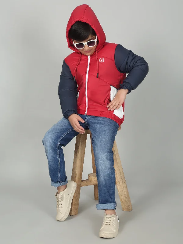 Boys Red Mock Neck Color Block Full Sleeves Casual Jacket