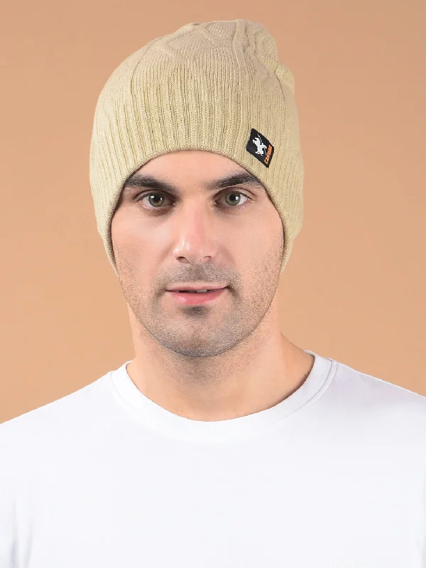 Men Beige Self Design Casual Winter Wear Cap