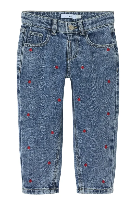 Forudbestilling - Name It - Nmfbella Emb Jeans 3285-Be - 4777529 Medium Blue Denim Embroidery Heart