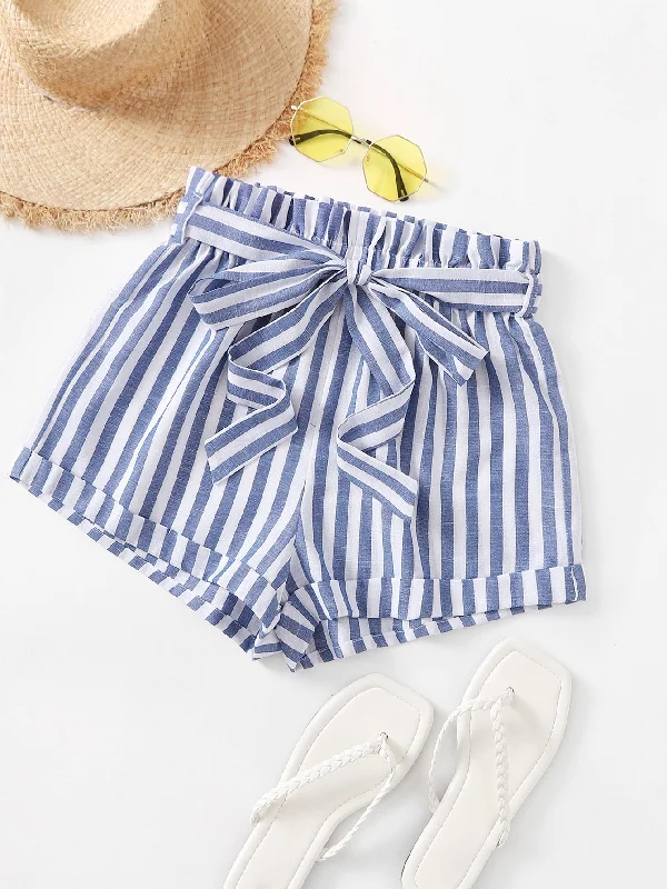 Casual Striped Paper Bag Waist High Waist Women Shorts