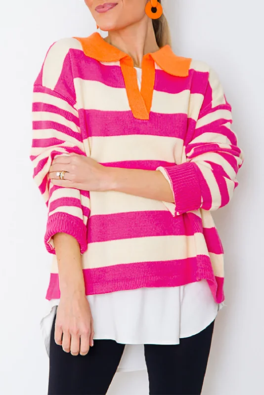 KaleaBoutique Color Block Collared V Neck Drop Shoulder Sweater