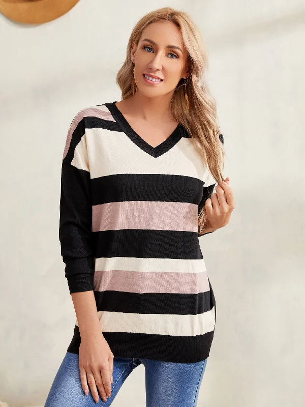 Casual Colorblock Long Sleeve V Neck Regular Women Sweater