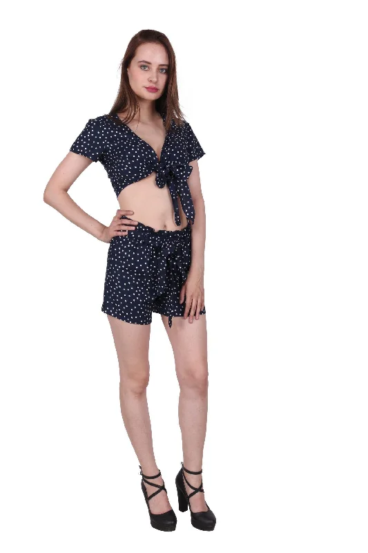 Blue Polka Dots Printed Shorts with Belt