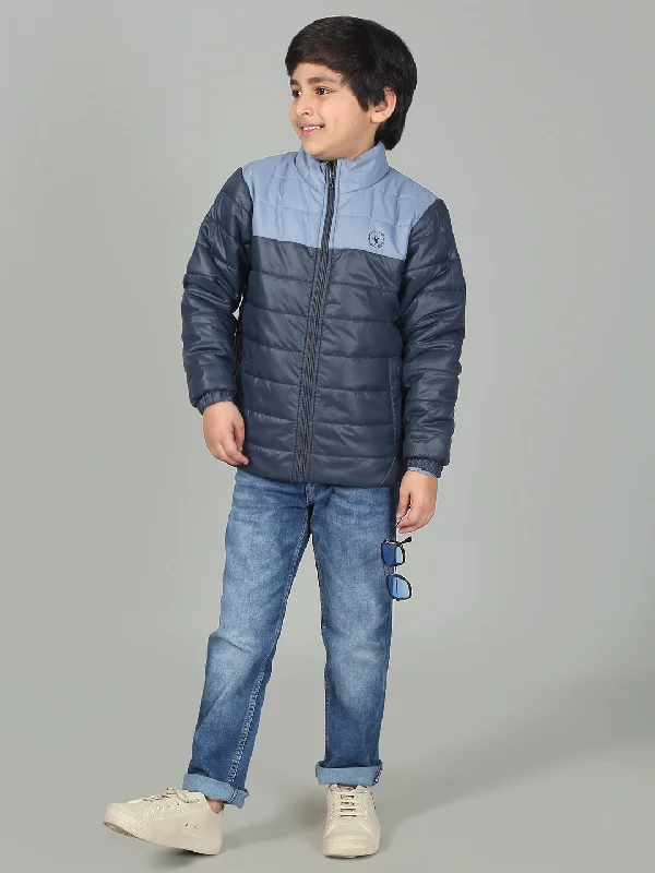 Boys Sky Blue Mock Neck Color Block Full Sleeves Casual Jacket