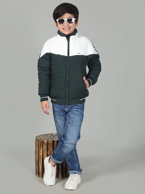 Boys Green Mock Neck Color Block Full Sleeves Casual Jacket