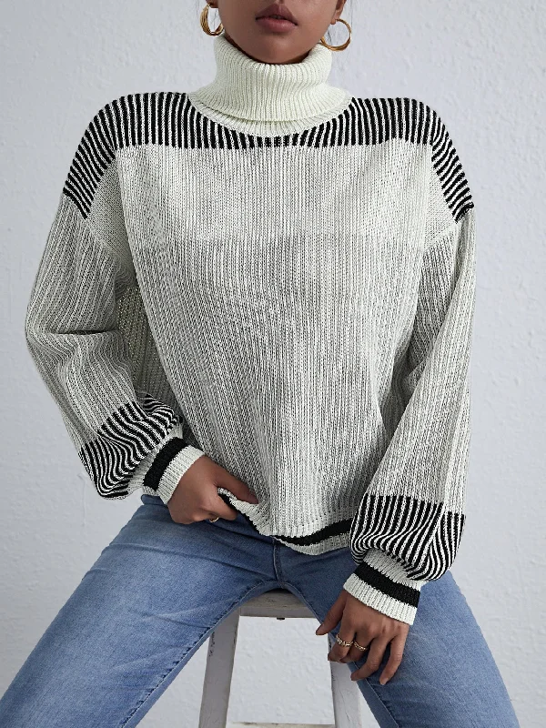 Casual Striped Long Sleeve High Neck Regular Women Sweater