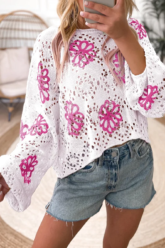 KaleaBoutique Contrast Flower Print Eyelet Drop Shoulder Sweater