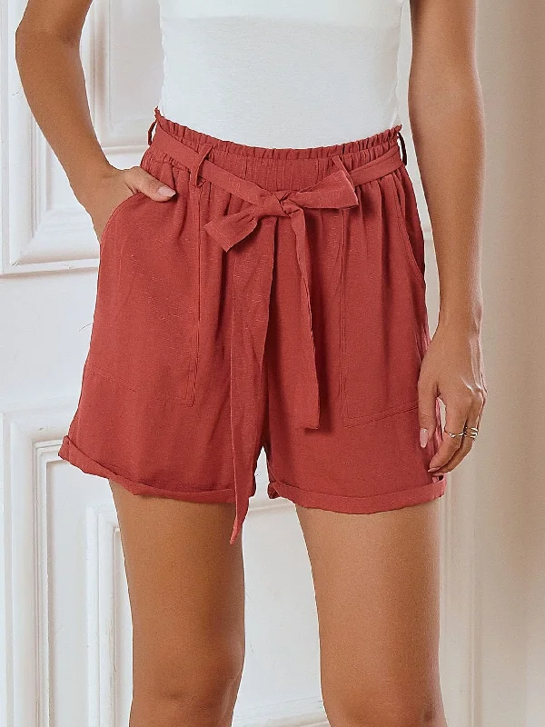 Casual Plain Paper Bag Waist High Waist Women Shorts