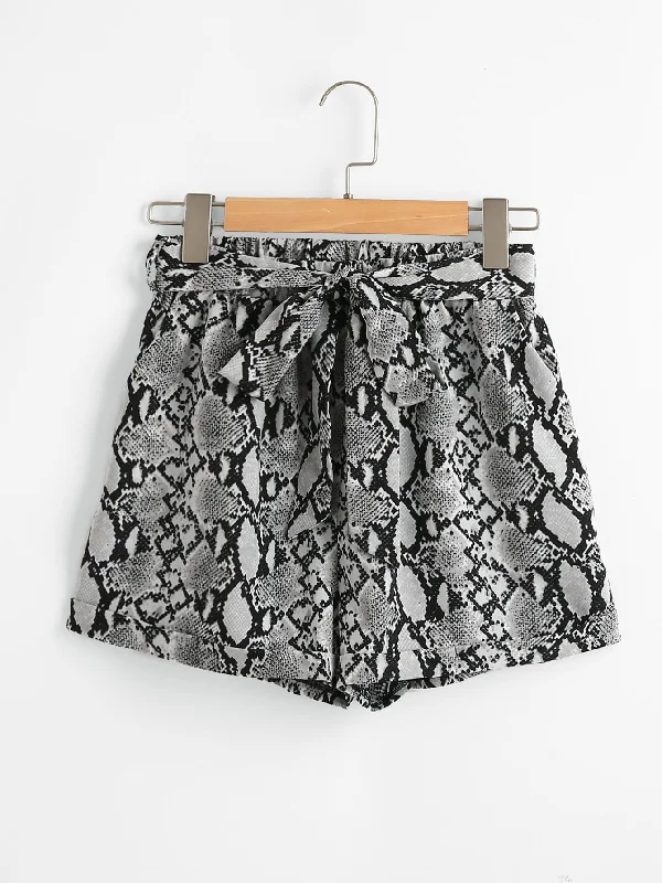 Casual Snakeskin Print Belted High Waist Women Shorts