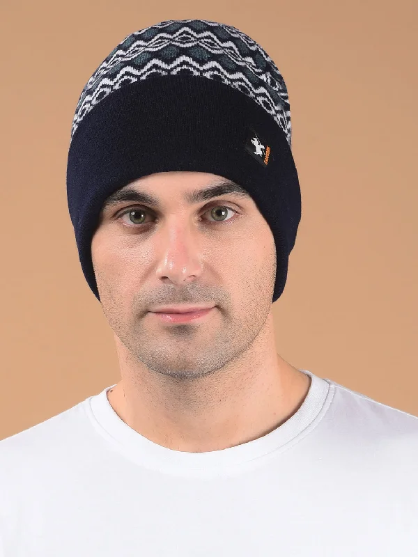 Men Navy Blue Printed Casual Winter Wear Cap