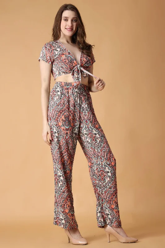 Rangoli Printed Front Tie Top with Flared Pyjama