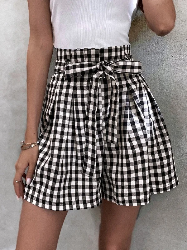 Casual Gingham Belted High Waist Women Shorts