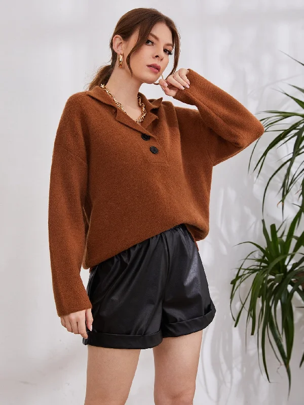 Casual Plain Button Long Sleeve Collar Regular Women Sweater