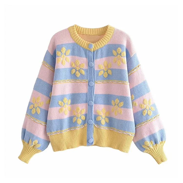 Sweet flower printed jacquard knitted coat cardigan  7302