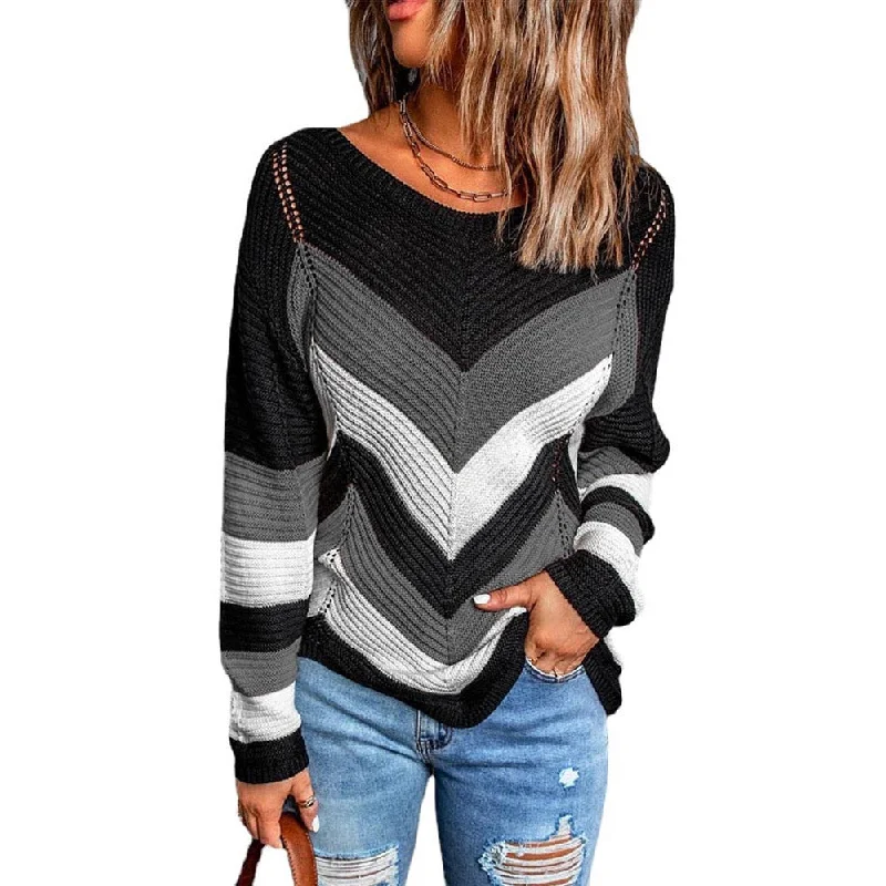 Fashion Color Blocking Loose Pullover Knit Sweater Wholesale Womens Tops