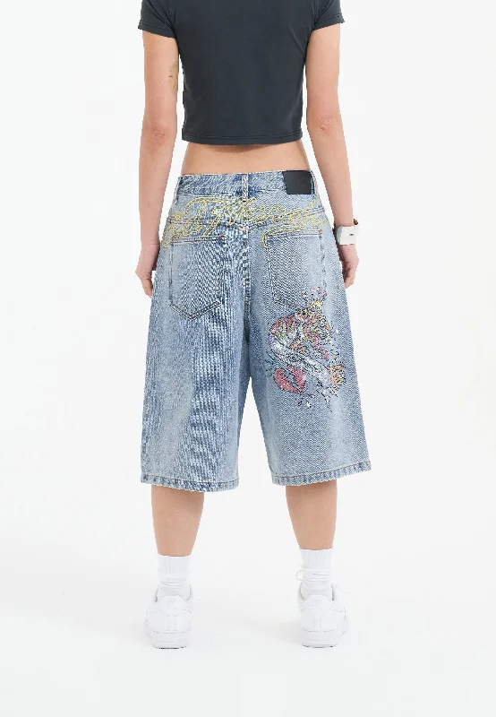 Womens Tiger King Diamante Denim Jorts Shorts  - Bleach