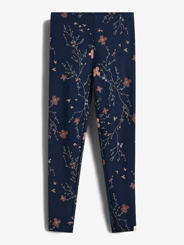 Jersey Leggings w. Floral Print - Tween - Blue/Rose