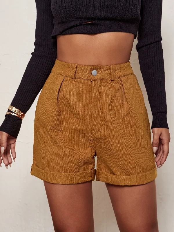 Casual Plain Button High Waist Women Shorts