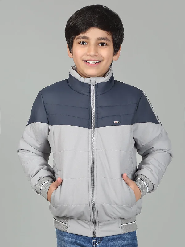 Boys Grey Mock Neck Color Block Full Sleeves Casual Jacket