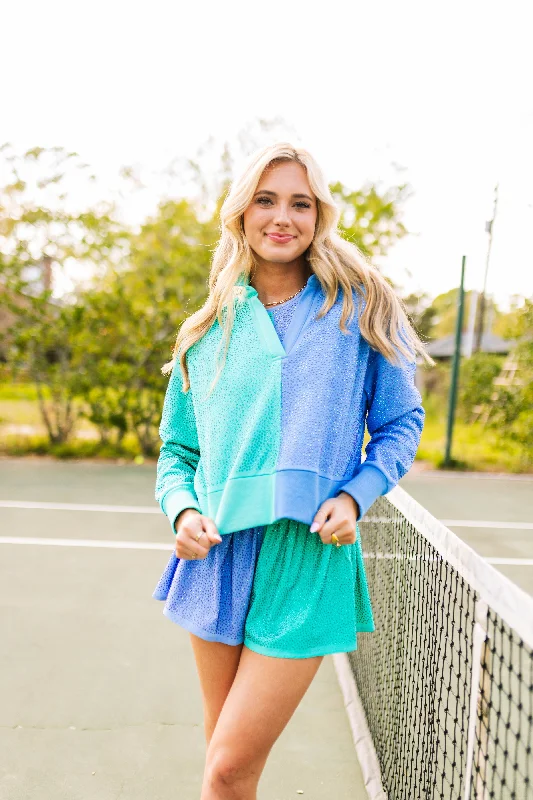 Teal & Periwinkle Rhinestone Polo Sweatshirt