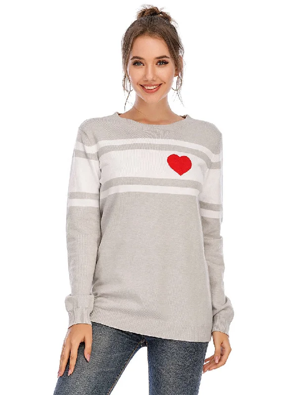 Women's Sweater Loose Large Size Base Shirt Striped Love Round Neck Pullover Needle Woven Women